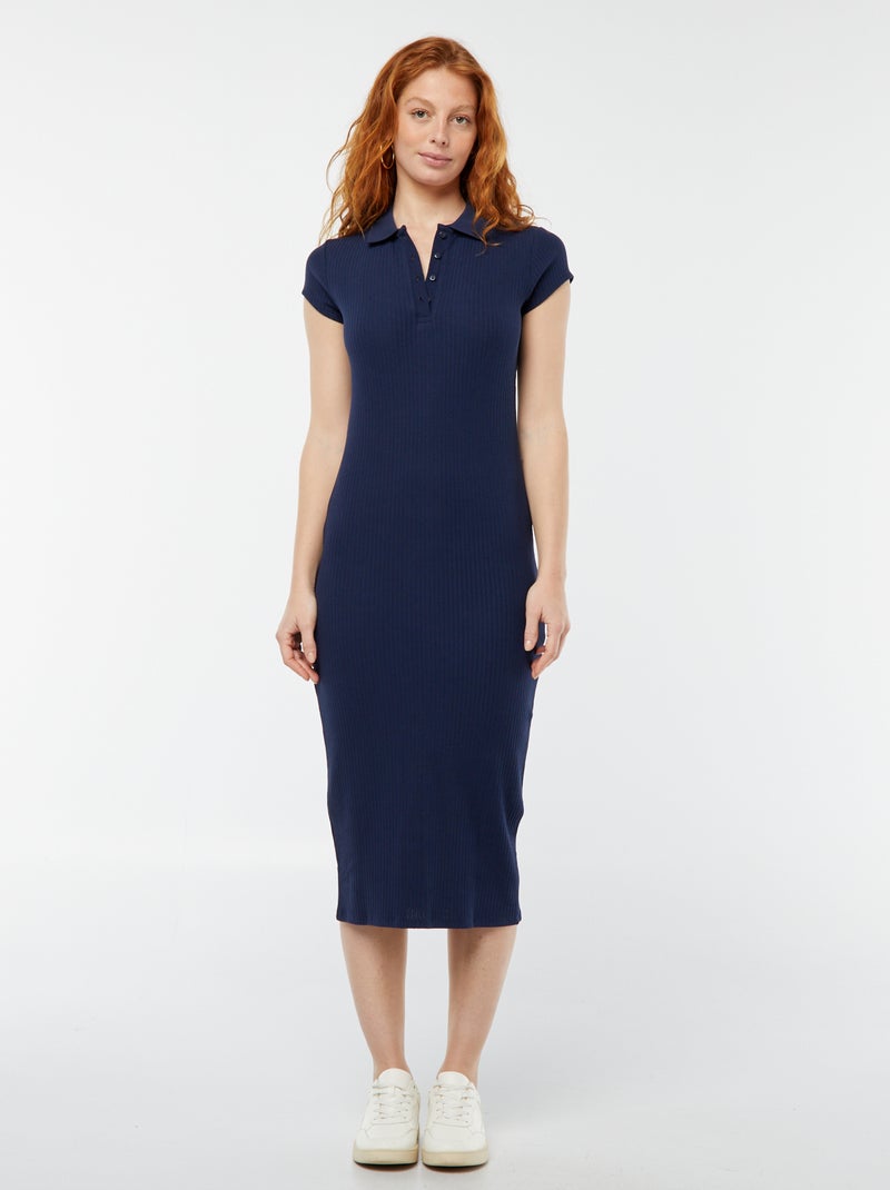 Robe midi côtelée avec un col polo NOIR - Kiabi
