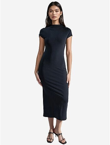 Robe midi coupe ajustée, col rond et détails élastiques busem
