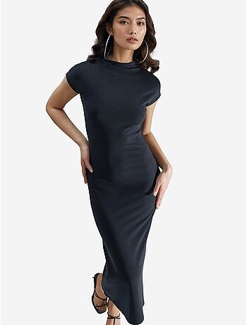 Robe midi coupe ajustée, col rond et détails élastiques busem