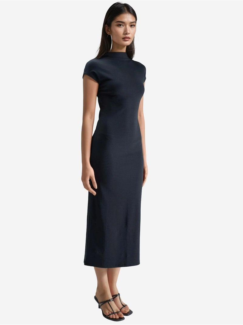 Robe midi coupe ajustée, col rond et détails élastiques busem Noir - Kiabi