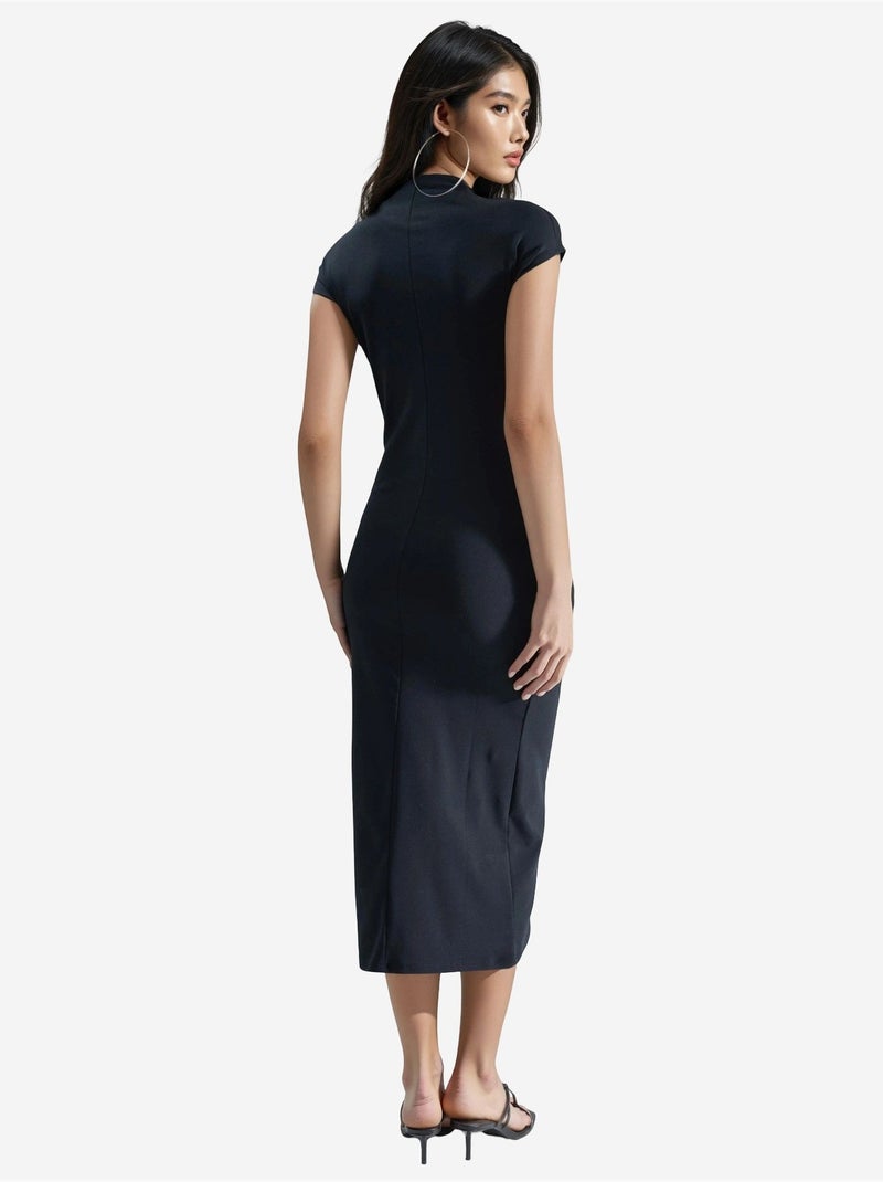 Robe midi coupe ajustée, col rond et détails élastiques busem Noir - Kiabi