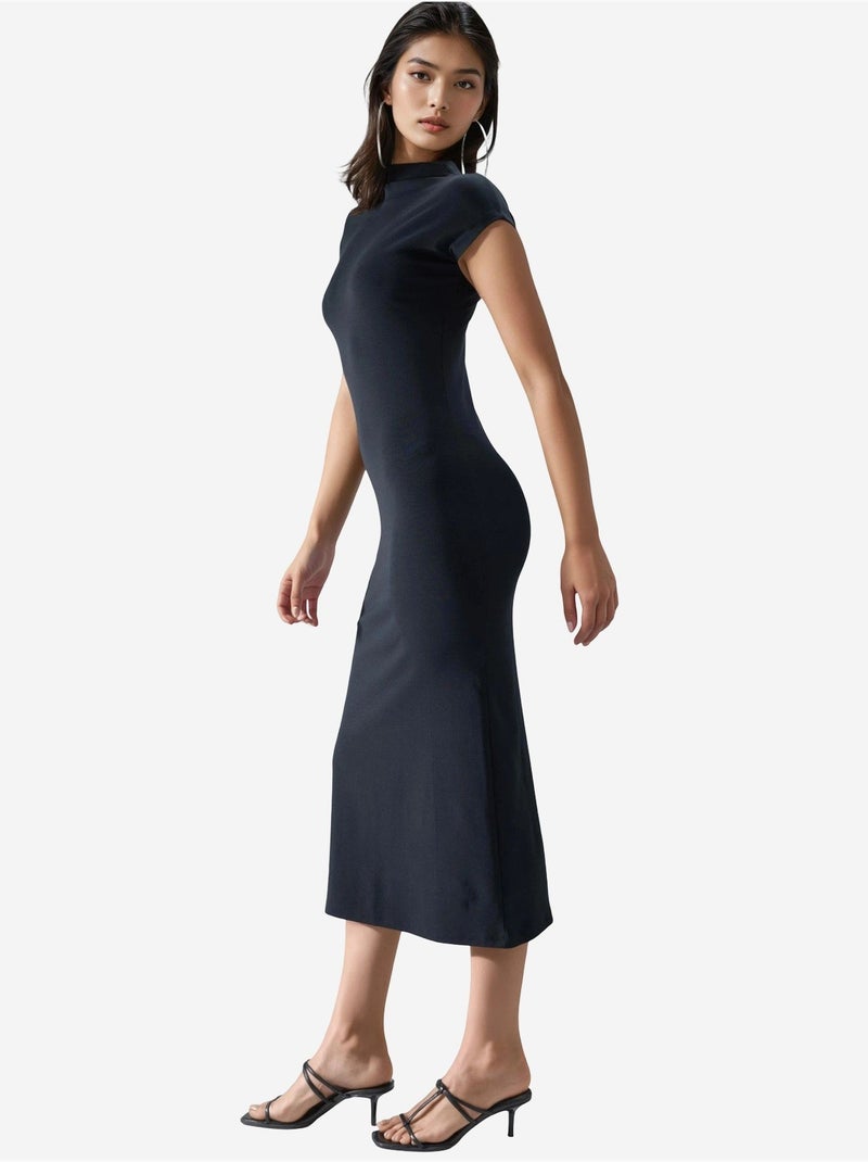 Robe midi coupe ajustée, col rond et détails élastiques busem Noir - Kiabi