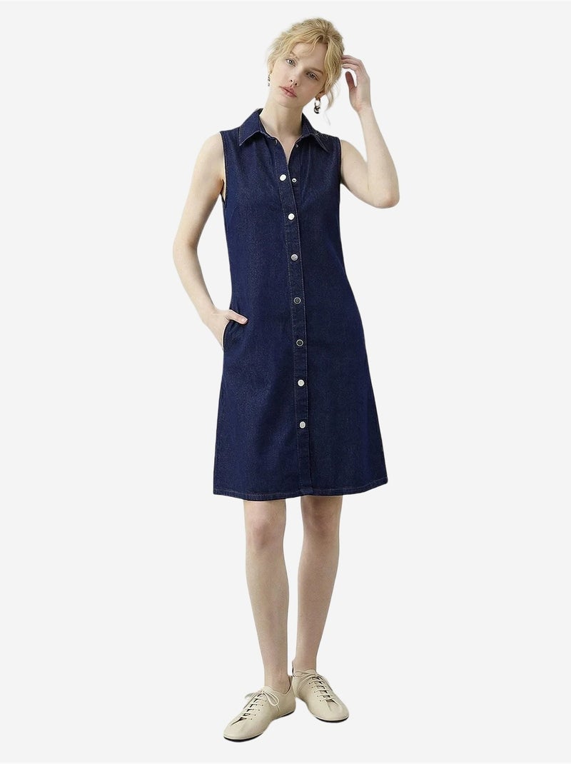 Robe midi en denim avec col chemise et poche lucci Bleu marine - Kiabi