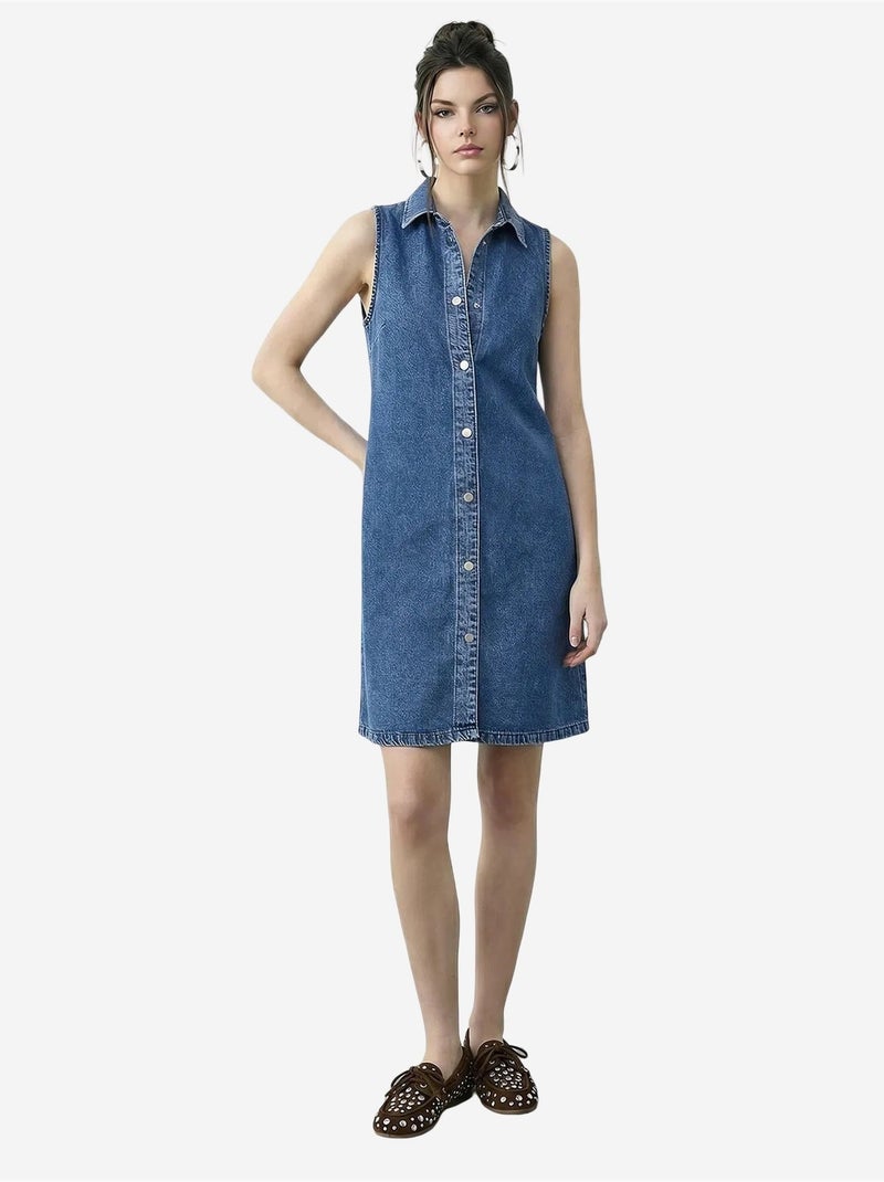 Robe midi en denim avec col chemise et poche lucci Bleu saphir - Kiabi