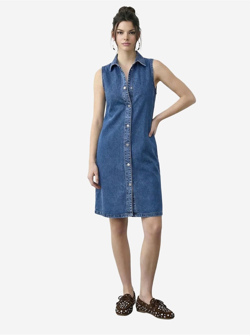 Robe midi en denim avec col chemise et poche lucci Bleu saphir - Kiabi