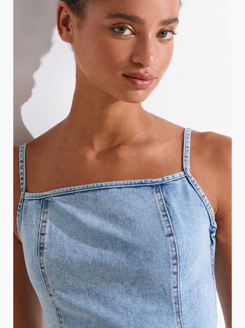 Robe midi en jean ajustée col carré dilvin Bleu clair - Kiabi