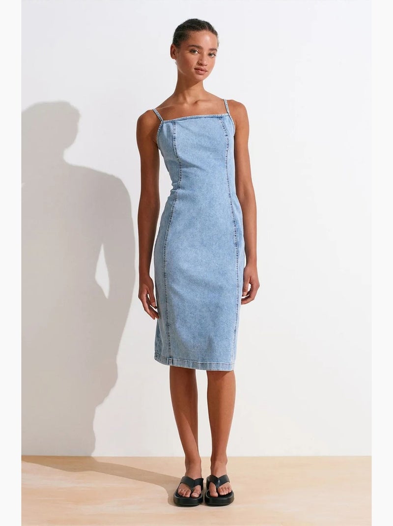 Robe midi en jean ajustée col carré dilvin Bleu clair - Kiabi