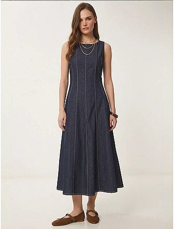Robe midi en jean trapèze à col rond, style istanbul