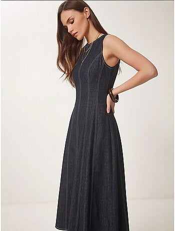 Robe midi en jean trapèze à col rond, style istanbul