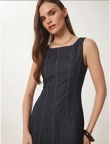 Robe midi en jean trapèze à col rond, style istanbul