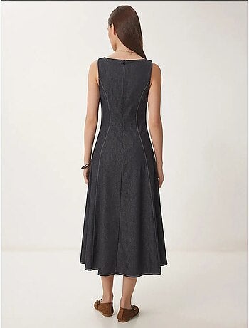 Robe midi en jean trapèze à col rond, style istanbul