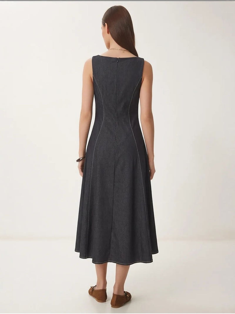 Robe midi en jean trapèze à col rond, style istanbul Bleu marine - Kiabi