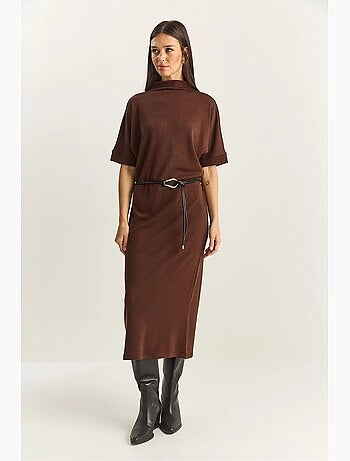 Robe midi en maille côtelée à col roulé mi-long lucci