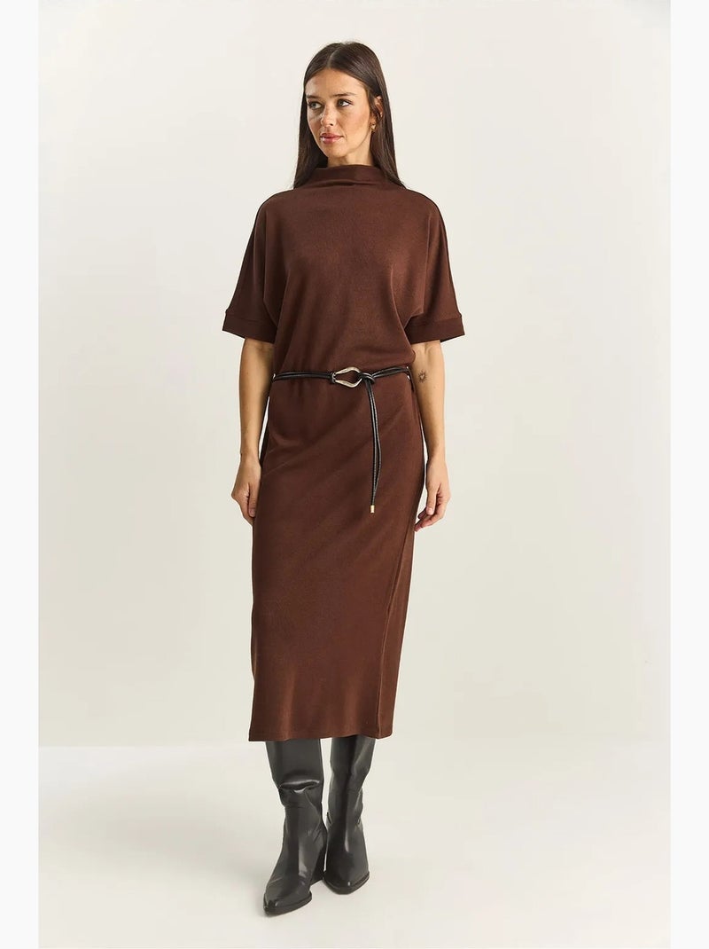 Robe midi en maille côtelée à col roulé mi-long lucci Marron chocolat - Kiabi