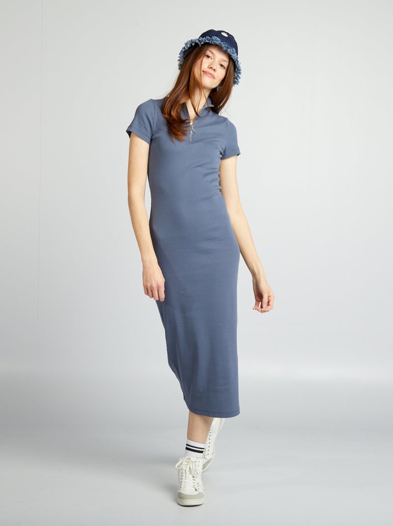 Robe Midi Maille Côtelée Scintillante - Bleu Col Chemise