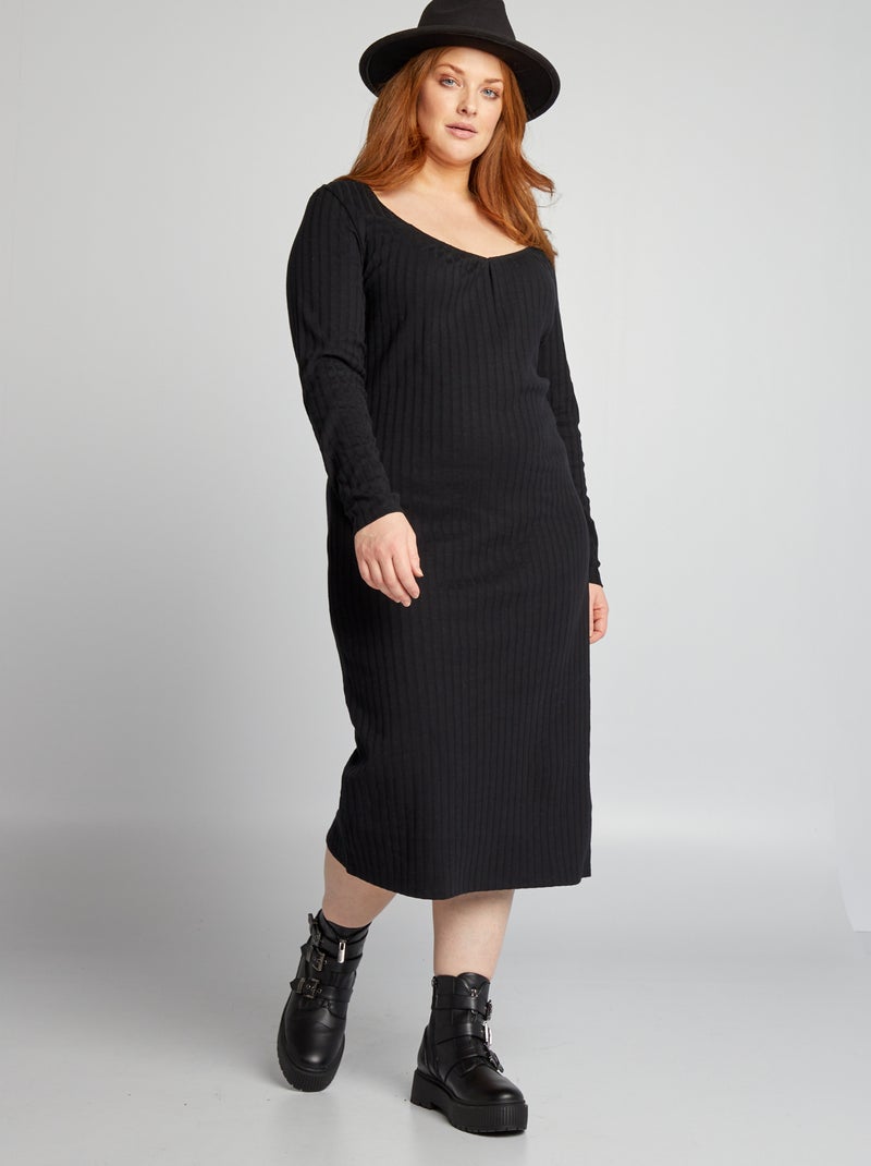 Robe midi en maille côtelée noir - Kiabi