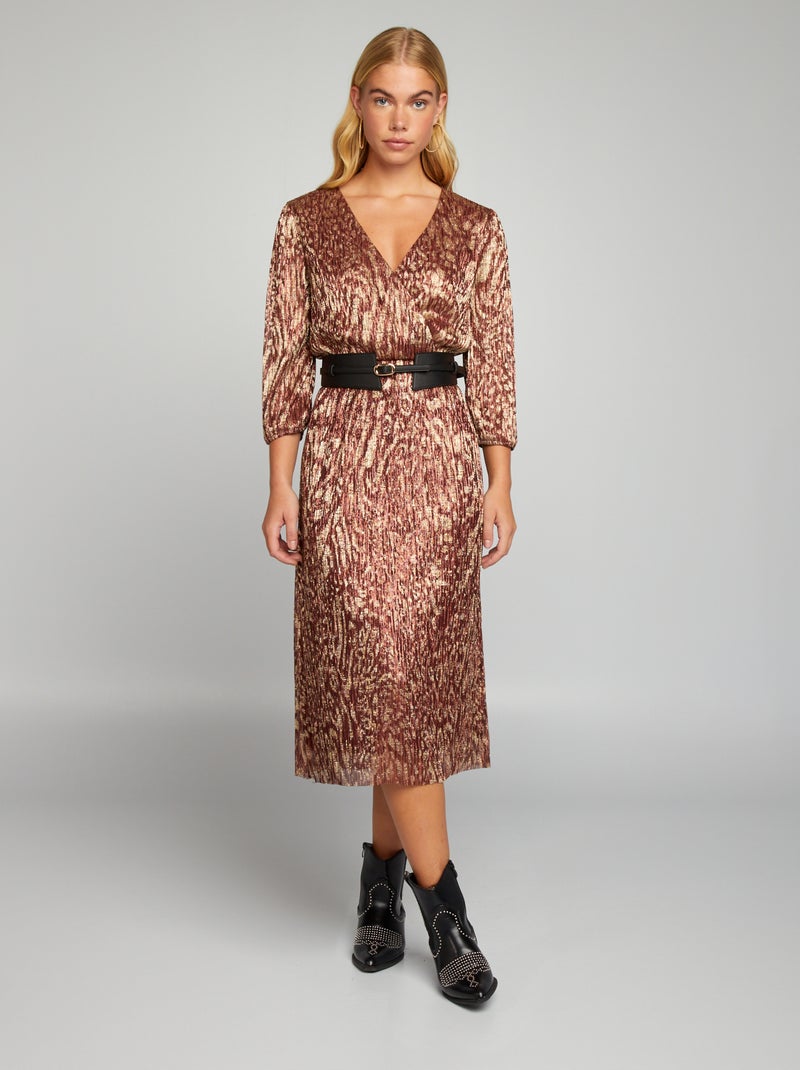 Robe midi en maille plissée Marron doré - Kiabi
