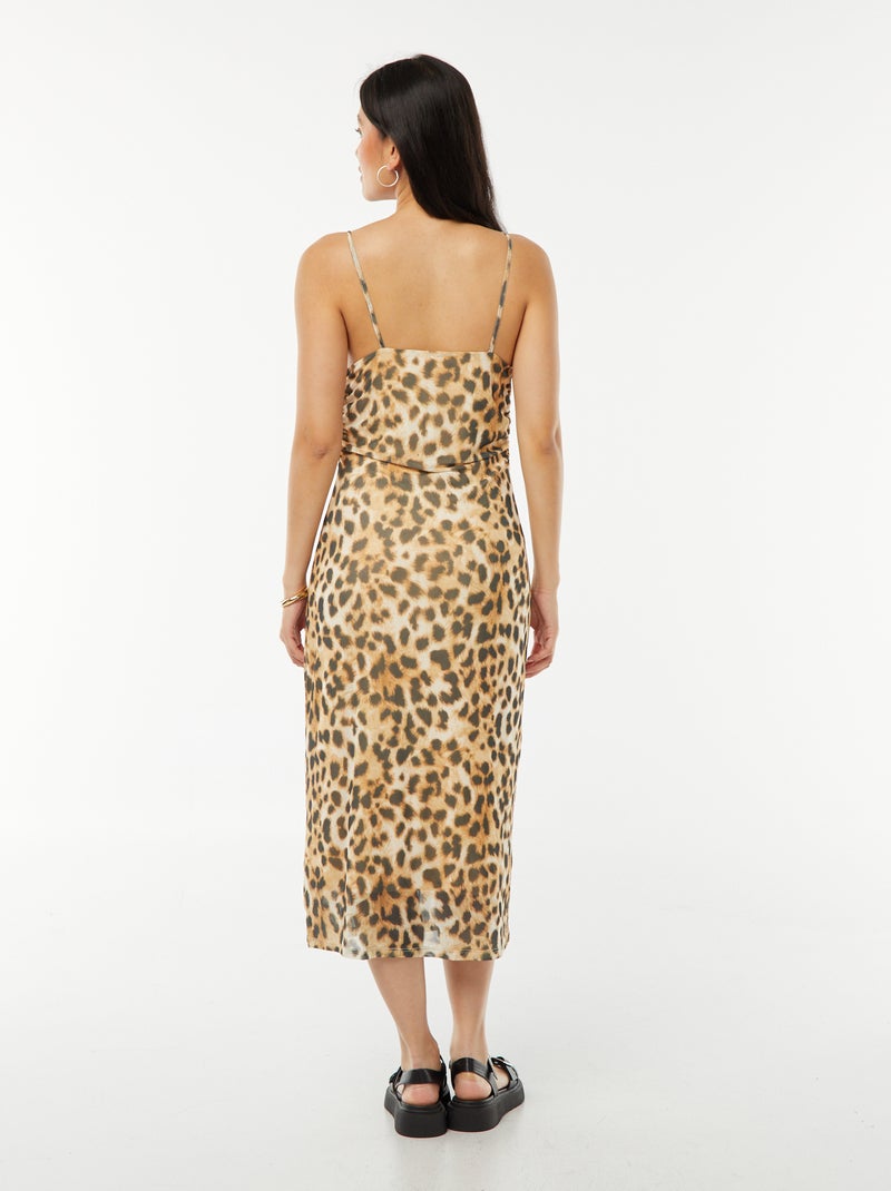 Robe midi en mesh imprimé léopard col bénitier Marron - Kiabi