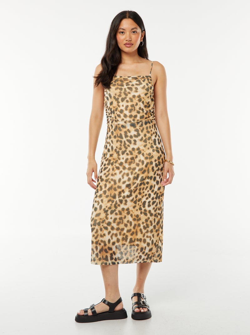 Robe midi en mesh imprimé léopard col bénitier Marron - Kiabi