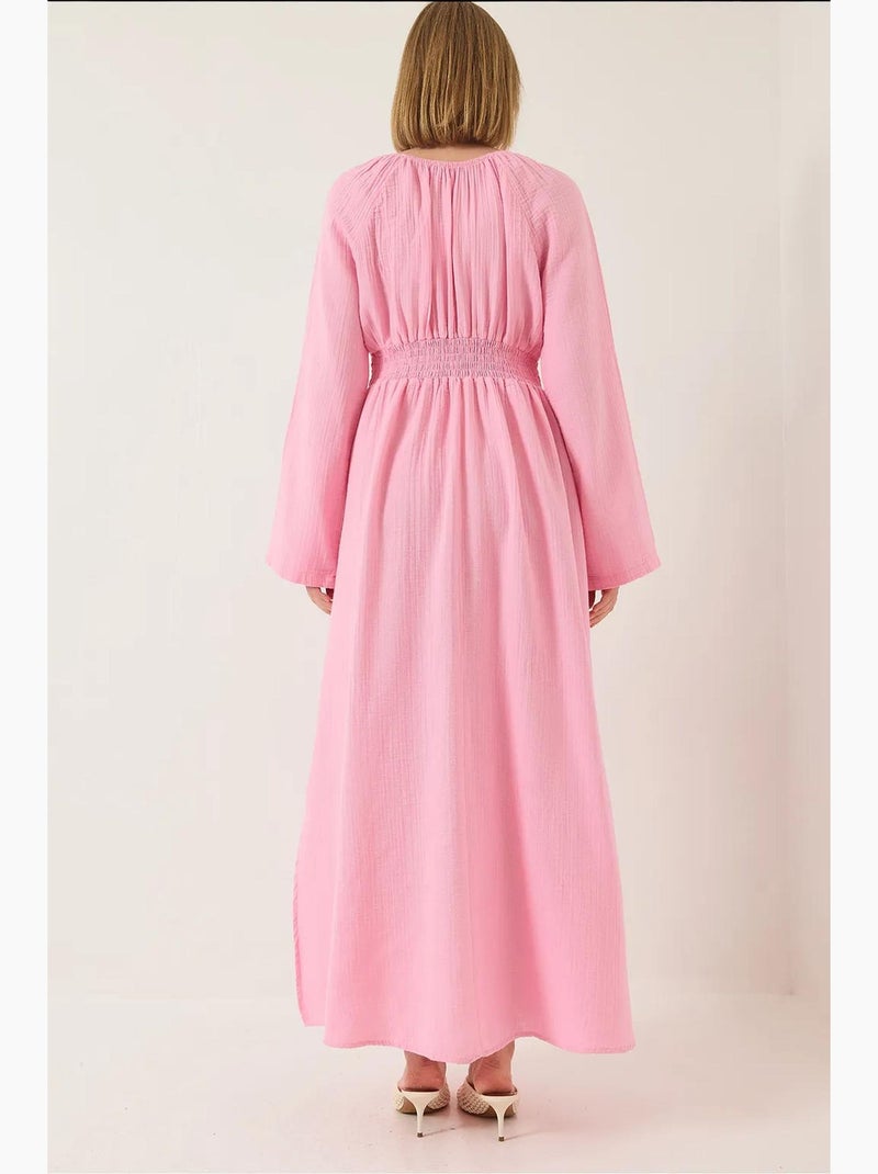Robe midi en mousseline à col v taille smockée lucci Rose fluo/Solinotes - Kiabi