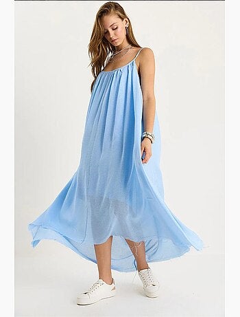 Robe midi en mousseline unie à fines bretelles et ourlet transparent lucci
