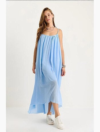 Robe midi en mousseline unie à fines bretelles et ourlet transparent lucci