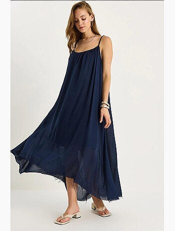 Robe midi en mousseline unie à fines bretelles et ourlet transparent lucci