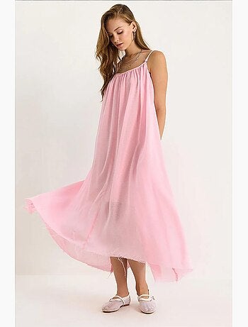 Robe midi en mousseline unie à fines bretelles et ourlet transparent lucci