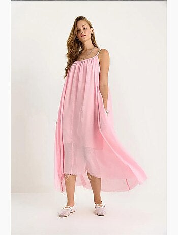 Robe midi en mousseline unie à fines bretelles et ourlet transparent lucci