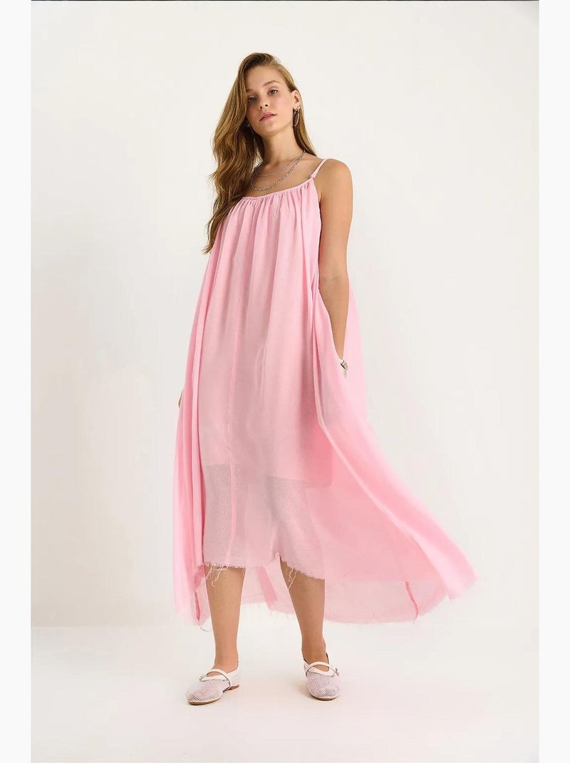 Robe midi en mousseline unie à fines bretelles et ourlet transparent lucci Rose pâle - Kiabi