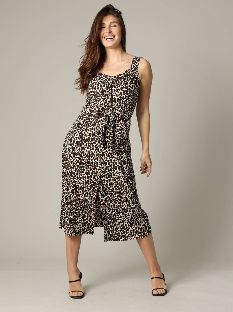 Robe midi en tissu gaufré à motifs léopard 'Deeluxe' Beige - Kiabi