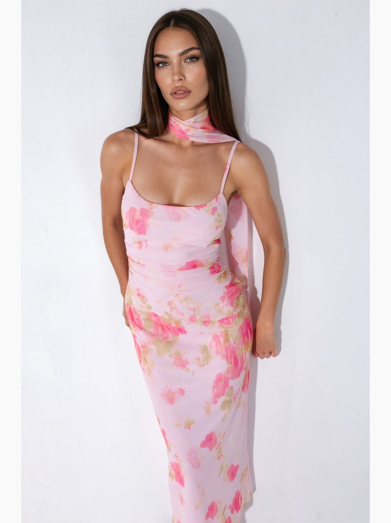 Robe midi en tulle à motif avec détail foulard hiccup Rose clair - Kiabi
