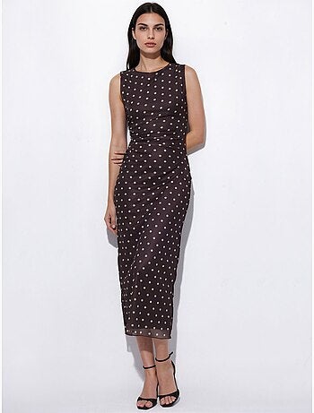 Robe midi en tulle à pois et col rond