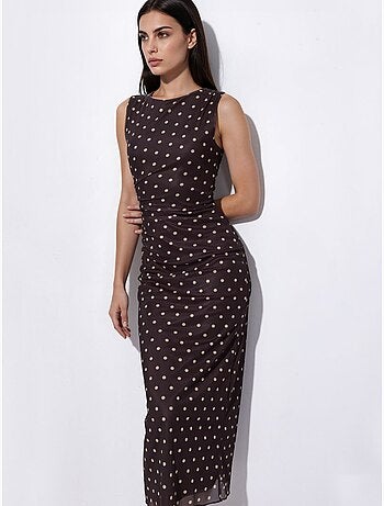 Robe midi en tulle à pois et col rond