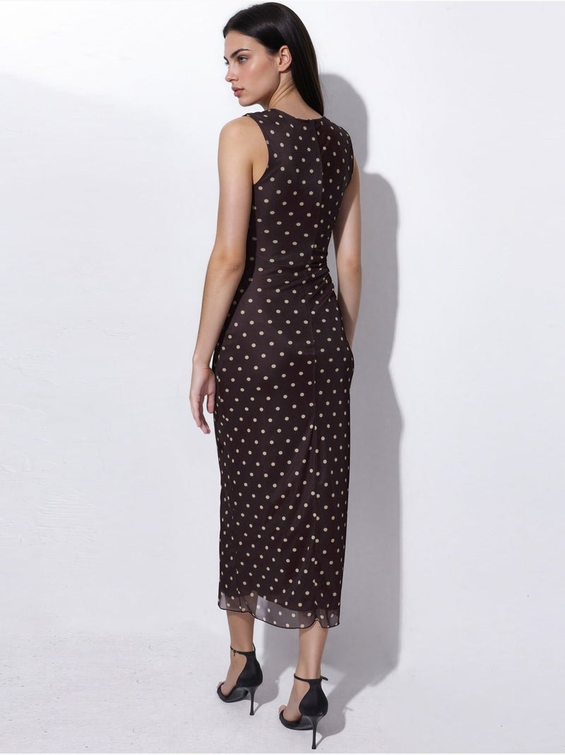 Robe midi en tulle à pois et col rond Marron foncé - Kiabi