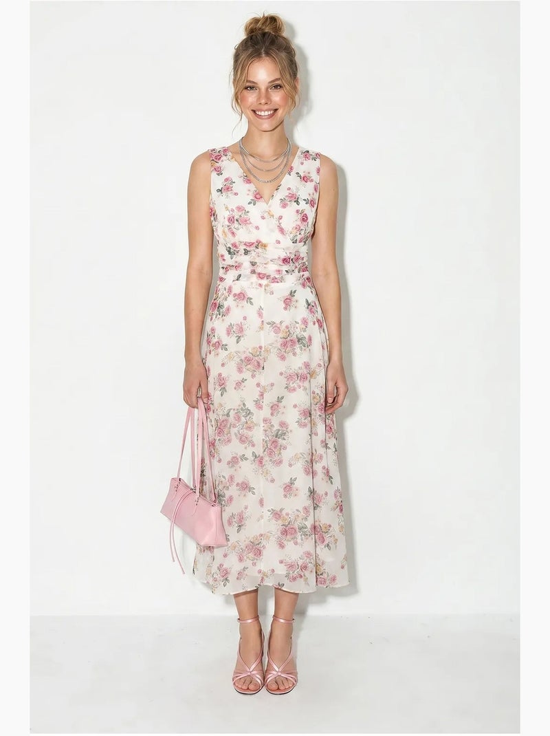 Robe midi évasée à motif floral lucci Blanc Rose - Kiabi