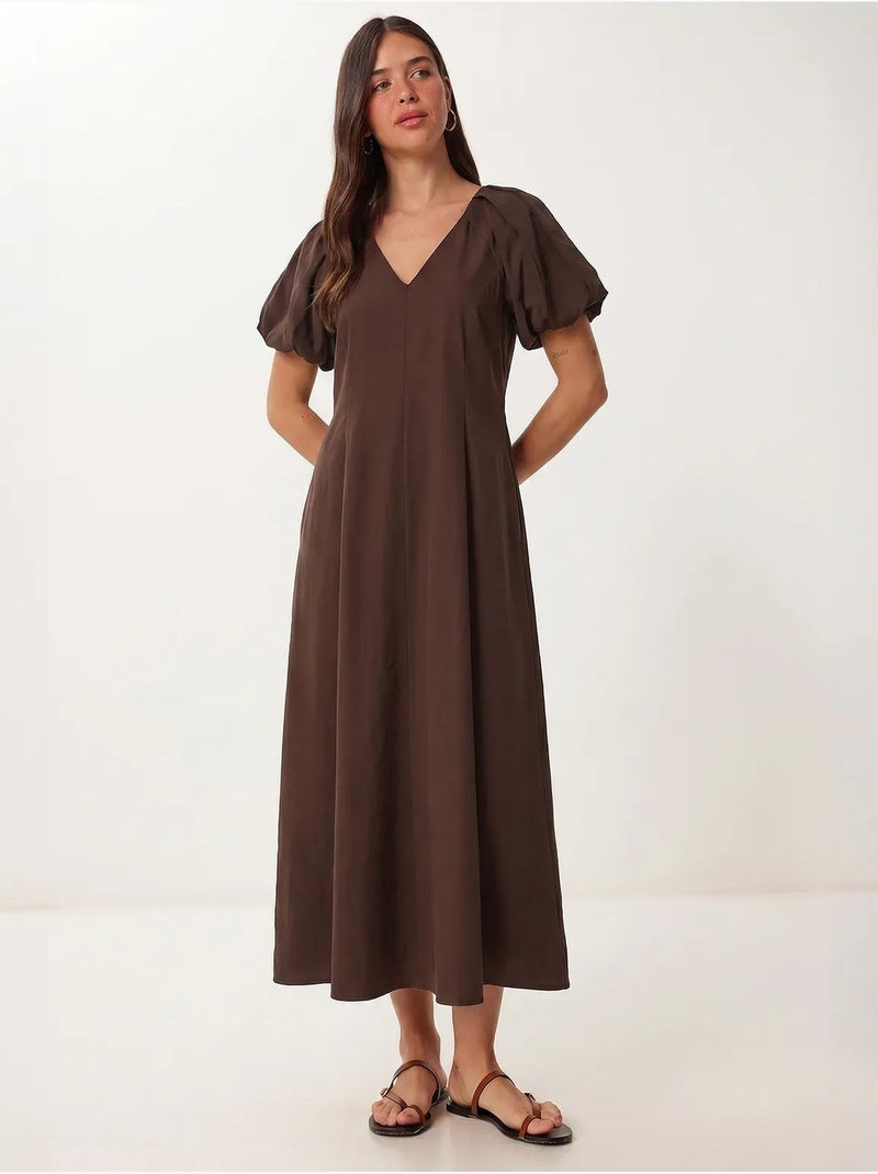 Robe midi femme ligne a avec col en v istanbul Marron - Kiabi