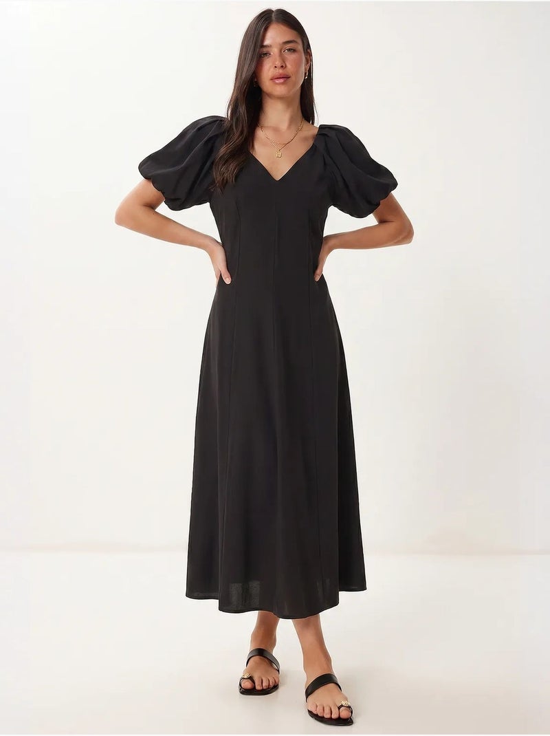 Robe midi femme ligne a avec col en v istanbul Noir - Kiabi