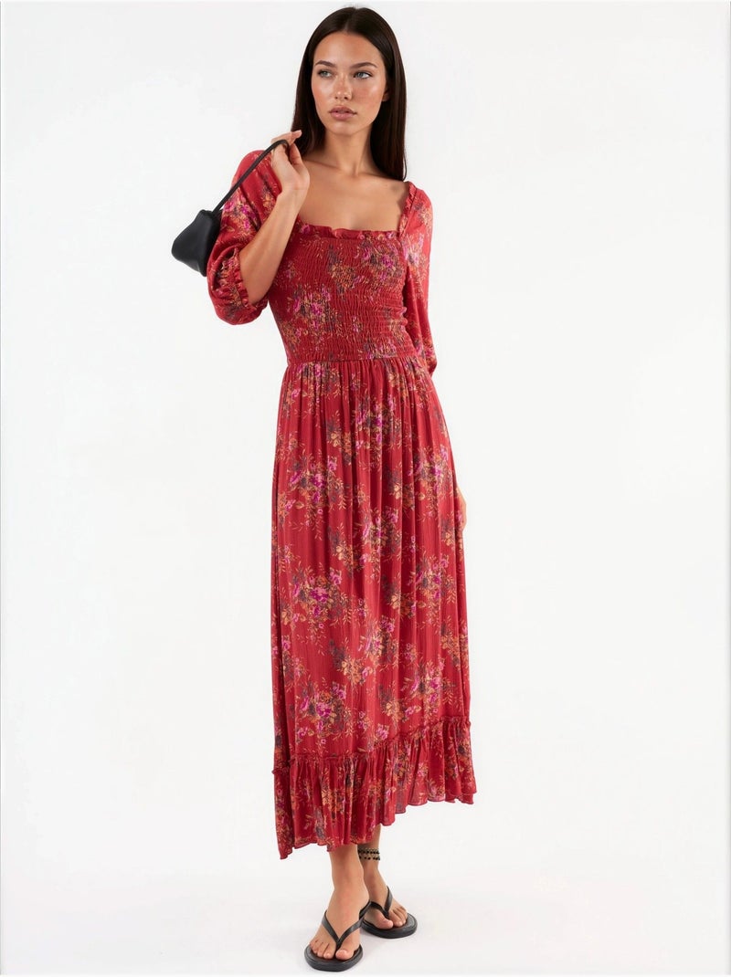 Robe midi fleurie à col carré busem Rouge - Kiabi