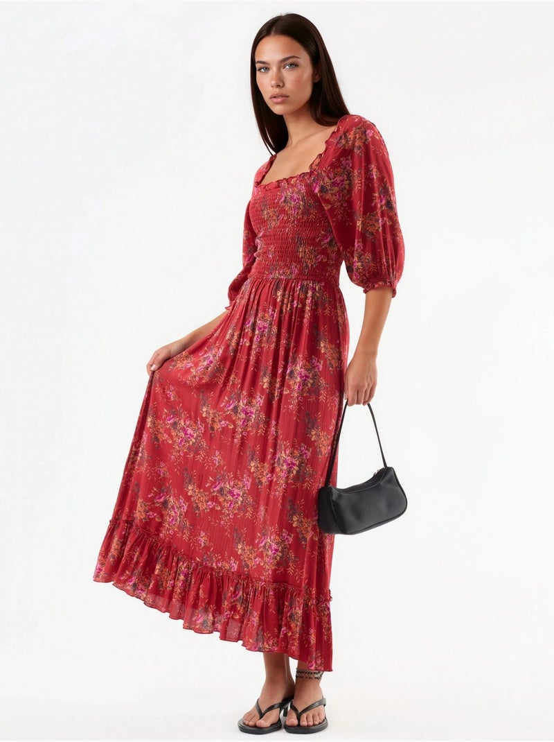 Robe midi fleurie à col carré busem Rouge - Kiabi