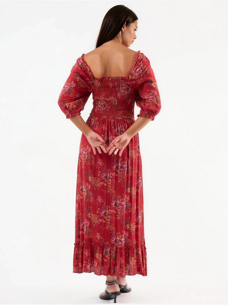Robe midi fleurie à col carré busem Rouge - Kiabi