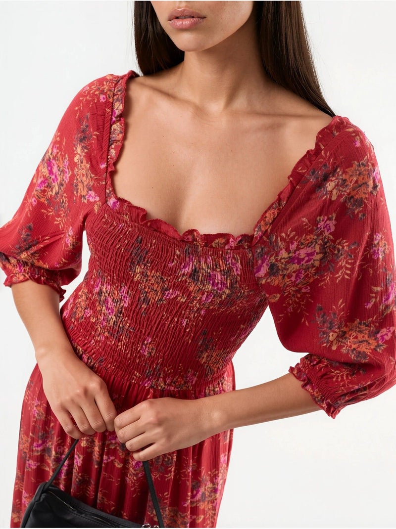 Robe midi fleurie à col carré busem Rouge - Kiabi