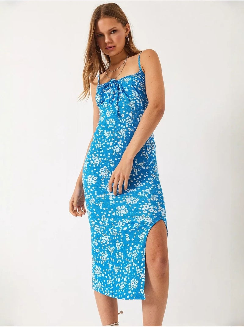 Robe midi fleurie à col carré lucci Bleu électrique - Kiabi