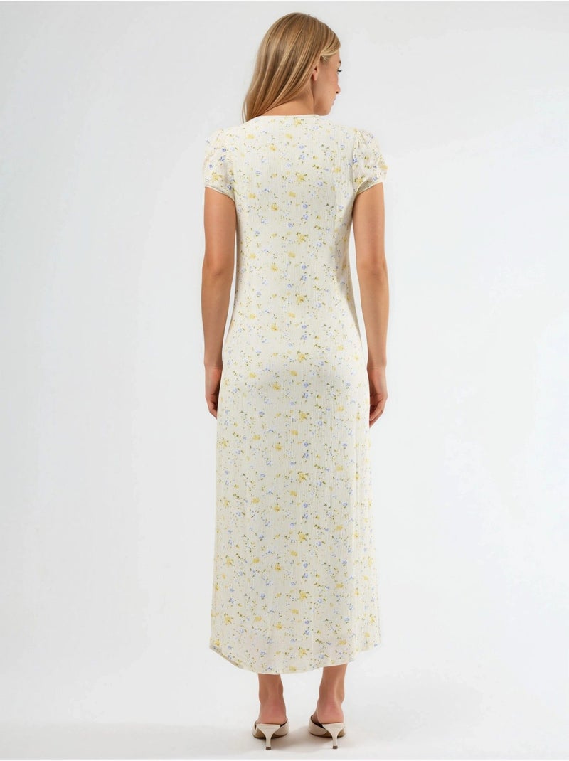 Robe midi fleurie à col u avec détail nœud busem Blanc - Kiabi