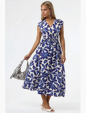 Robe midi fleurie à col v avec détail nœud busem