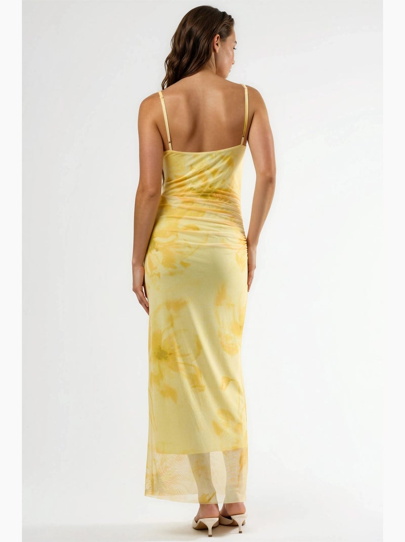 Robe midi fleurie moulante avec drapé busem Jaune citron - Kiabi