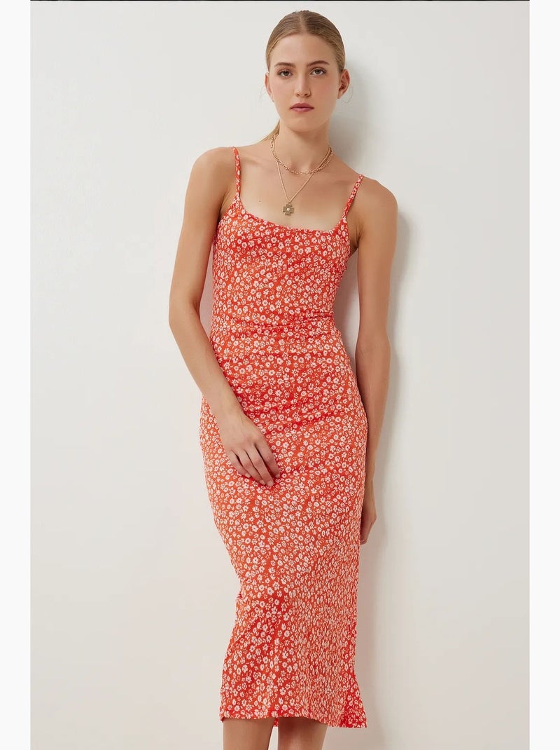Robe midi fleurie sans manches à col carré istanbul Orange mandarine - Kiabi