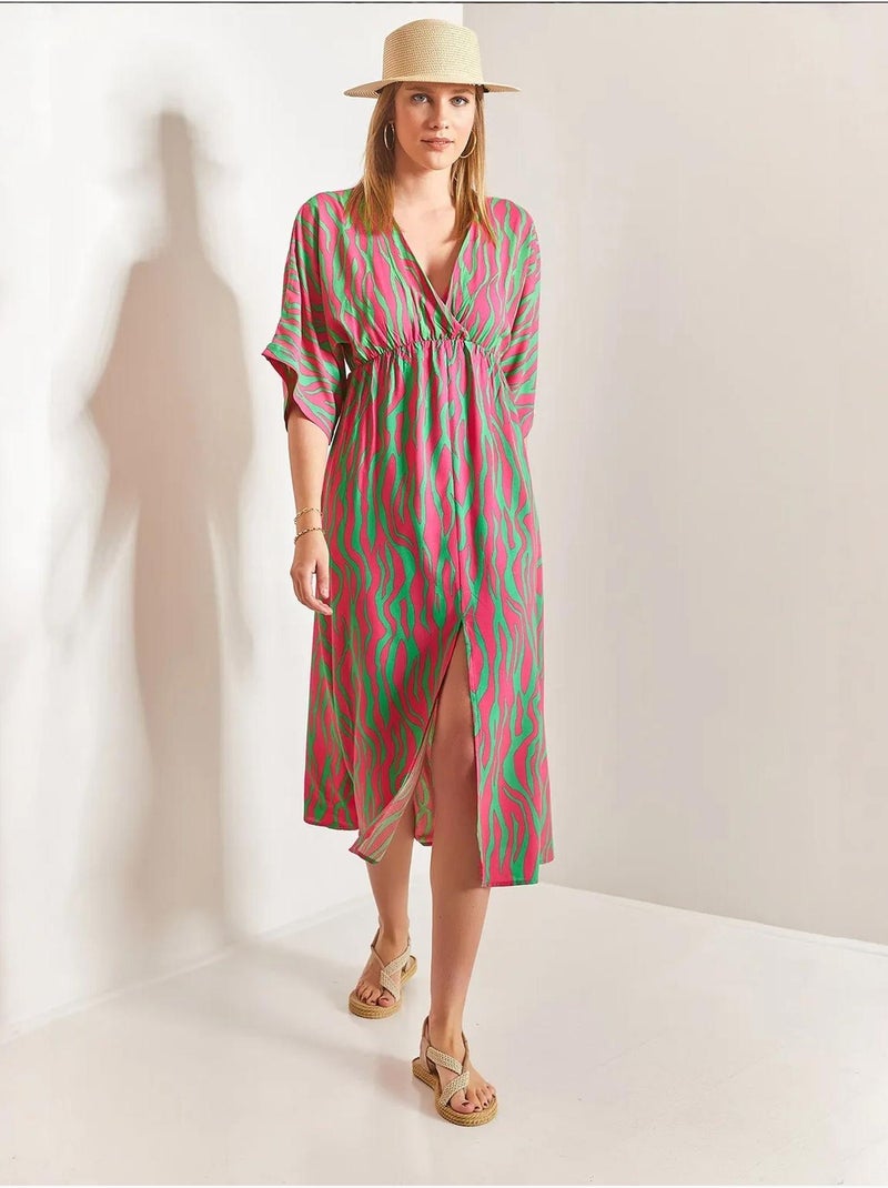 Robe midi imprimée à col en v et fente lucci Magenta - Kiabi