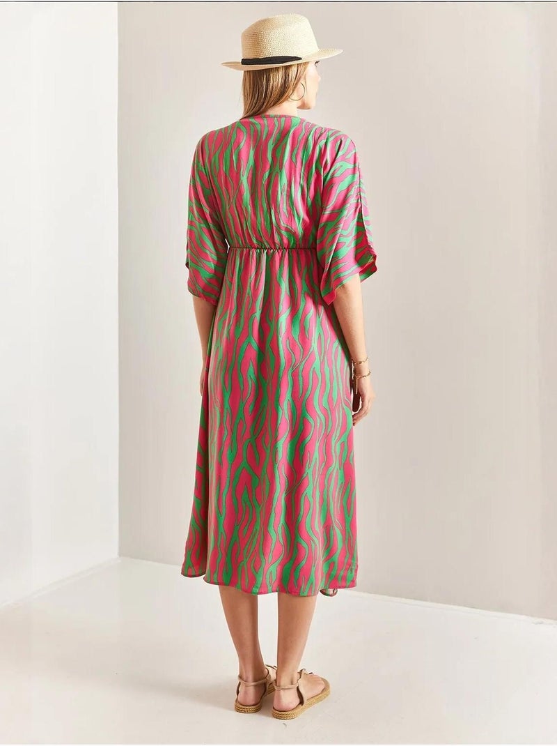 Robe midi imprimée à col en v et fente lucci Magenta - Kiabi