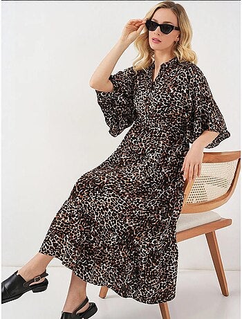 Robe midi imprimée à col en v et manches trois-quarts bdart